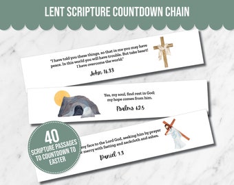 May include: A printable set of 40 scripture passages to countdown to Easter. The image shows three examples of the printable cards, each with a different image and scripture verse. The first card features a white cross with a white cloth draped over it. The second card features a watercolor painting of a cave with a sun shining above it. The third card features a watercolor painting of Jesus carrying a cross. The text on the cards reads: "I have told you these things, so that in me you may have peace. In this world you will have trouble. But take heart! I have overcome the world." John 16.33, "Yes, my soul, find rest in God: my hope comes from him." Psalms 62.5, and "I turn my face to the Lord God, seeking him by prayer and mercy with fasting and sackcloth and ashes." Daniel 9.3.