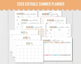 EDITABLE Summer 2026 Planner for Kids! Bundle includes editable summer calendar, summer bucket list, chore chart for kids, planner and more!