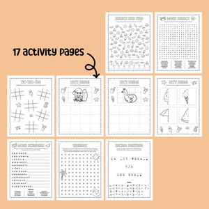 May include: A set of 17 printable activity pages featuring summer-themed games and puzzles. The pages include tic-tac-toe, word searches, connect the dots, and more.  The pages are black and white and ready to be printed and enjoyed.