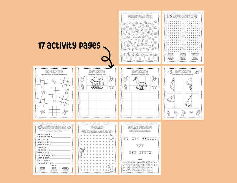 May include: A set of 17 printable activity pages featuring summer-themed games and puzzles. The pages include tic-tac-toe, word searches, connect the dots, and more.  The pages are black and white and ready to be printed and enjoyed.