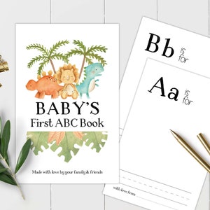 恐竜ベビーシャワー ABC ブックアクティビティ、赤ちゃんの最初のブックアクティビティ印刷可能、ジュラ紀ベビーシャワーゲーム、もうすぐ孵化するベビーシャワー