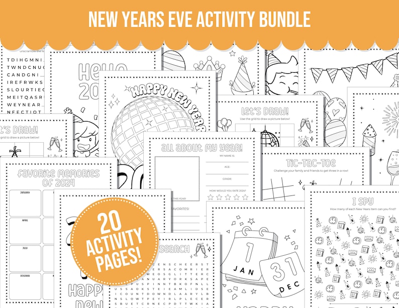 Kids New Years Eve Activity Bundle with Coloring Pages, Word Search, Word Scramble NYE 2024 Kids Activities Printable image 1