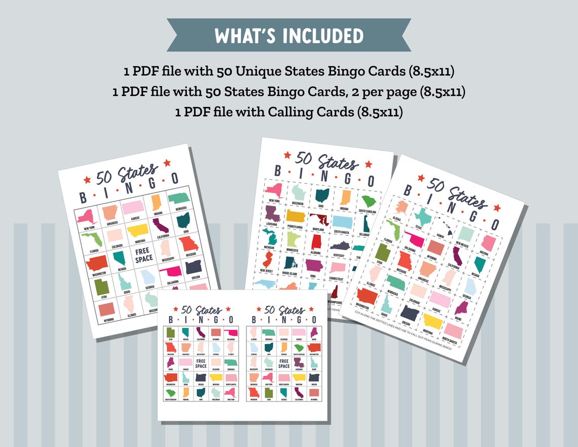 50 States Bingo Game With 50 Unique Bingo Cards, Fun Geography Bingo ...