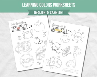Learning Colors Coloring Pages for Kids, Fine Motor Skills, Spanish Printable Colors Worksheet, Bilingual Preschool Activity to Learn Colors