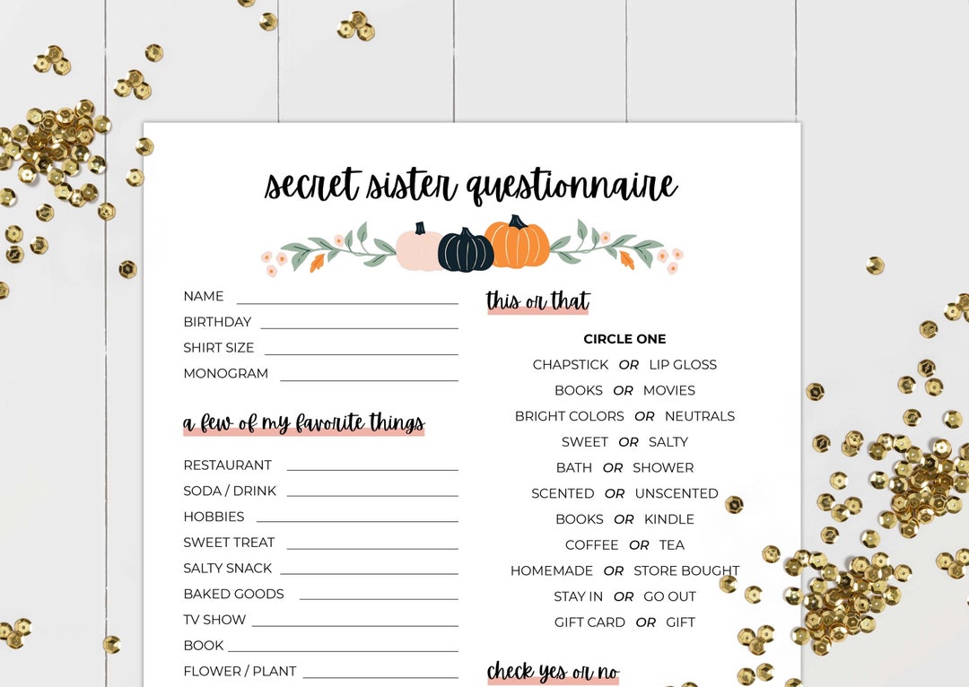 Halloween Secret Sister Questionnaire, Fall Gift Exchange Survey and Favorite Things Quiz