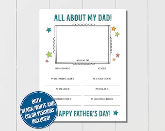 All About Dad Activity for Father's Day, Perfect Father's Day Activity for Kids, Printable Gifts for Dad, Coloring Card for Dad