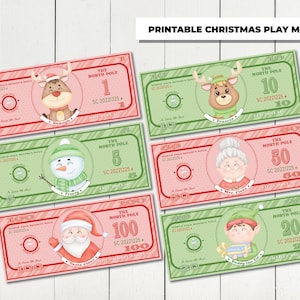 May include: Printable Christmas play money featuring festive designs. Each bill showcases a different character, including Rudolph, Frosty, Santa Claus, and others. The bills are in denominations of 1, 5, 10, 20, 50, and 100.
