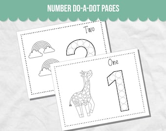 Può includere: Due pagine di puntini neri e bianchi con il testo "NUMBER DO-A-DOT PAGES" in alto. Una pagina presenta un arcobaleno e il numero "Two" con cerchi puntinati. L'altra pagina presenta una giraffa e il numero "One" con cerchi puntinati.