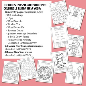 Lunar New Year Printable Activity Bundle with Coloring Pages, Word Search, Word Scramble, Games, Mazes! Chinese New Year Kids Activities image 2