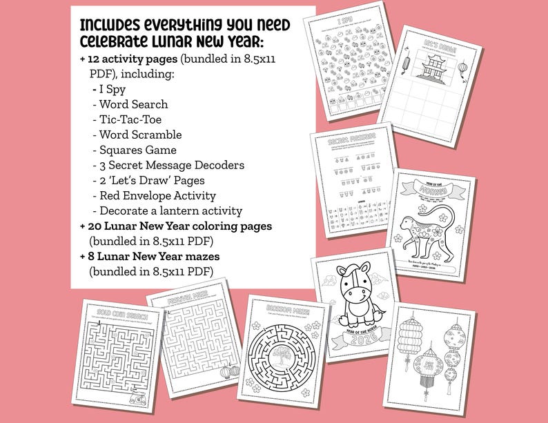 Lunar New Year Printable Activity Bundle with Coloring Pages, Word Search, Word Scramble, Games, Mazes! Chinese New Year Kids Activities image 2