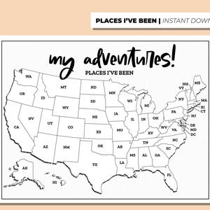 Places I've Been Map, United States Map, States I’ve Visited, My Adventures Map, Road Trip Map, Printable Map Tracker image 2