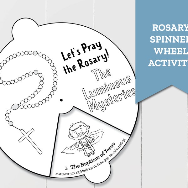 Learning the Rosary Printable featuring the Luminous Mysteries in a Spinner Wheel, Perfect Sunday School Activity or Christian Coloring Page