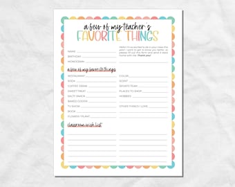 All About the Teacher Printable with Classroom Wishlist, Teacher Questionnaire, Questions for Teachers, Teacher Favorite Things Survey