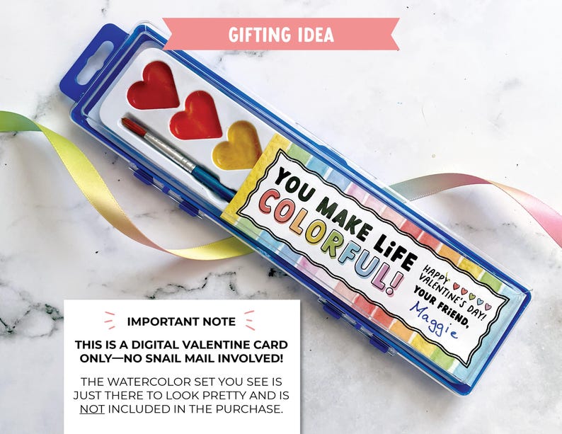 Watercolor Paint Valentine for Kids Classroom Valentine Exchange, Non-Candy Valentine, Colorful Valentine image 7