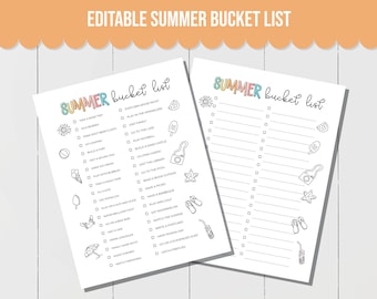 EDITABLE Summer Bucket List for Kids, Summer To Do List Printable