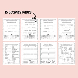 May include: A set of 15 printable Easter activity pages for kids. The pages include word searches, crossword puzzles, and a word scramble. The pages are black and white and feature a variety of Easter themes, including bunnies, eggs, and chicks.