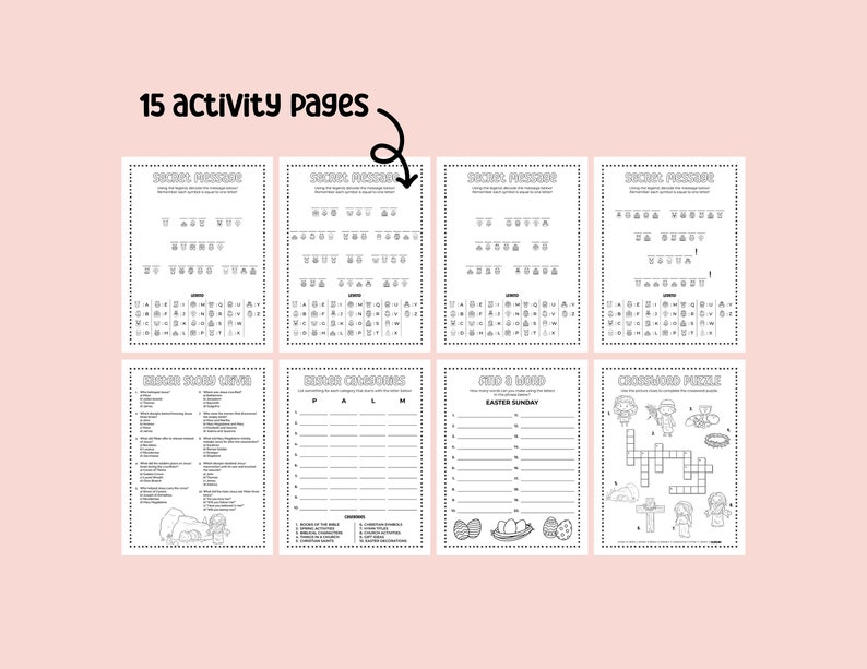 May include: A set of 15 printable Easter activity pages for kids. The pages include word searches, crossword puzzles, and a word scramble. The pages are black and white and feature a variety of Easter themes, including bunnies, eggs, and chicks.