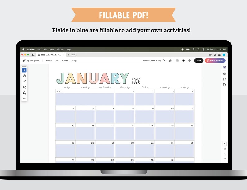 K&ouml;nnte beinhalten: Ein Laptop-Bildschirm zeigt einen ausf&uuml;llbaren PDF-Kalender f&uuml;r Januar 2026. Das Wort "JANUAR" ist in Pastellfarben gehalten, mit dem Jahr 2026 daneben. Das Kalenderraster hat blaue, ausf&uuml;llbare Felder f&uuml;r Aktivit&auml;ten.