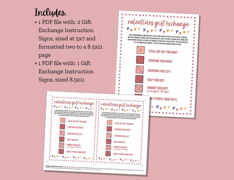 May include: Printable Valentine's Day gift exchange game instructions with a pink and white background. The instructions include "Steal any gift you want", "Everyone pass right", "Everyone pass left", "Keep your gift", "Unwrap your gift", and "Make 2 people swap gifts".