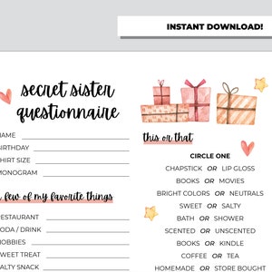 Christmas Secret Sister Questionnaire, Gift Exchange Survey and ...