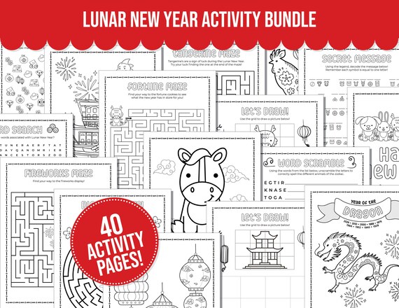 Lunar New Year Printable Activity Bundle with Coloring Pages, Word Search, Word Scramble, Games, Mazes! Chinese New Year Kids Activities