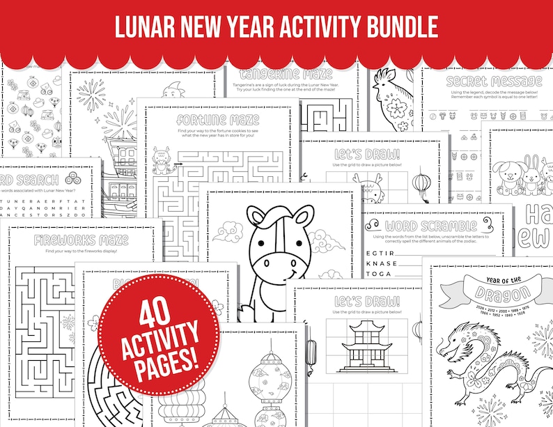 Lunar New Year Printable Activity Bundle with Coloring Pages, Word Search, Word Scramble, Games, Mazes! Chinese New Year Kids Activities image 1