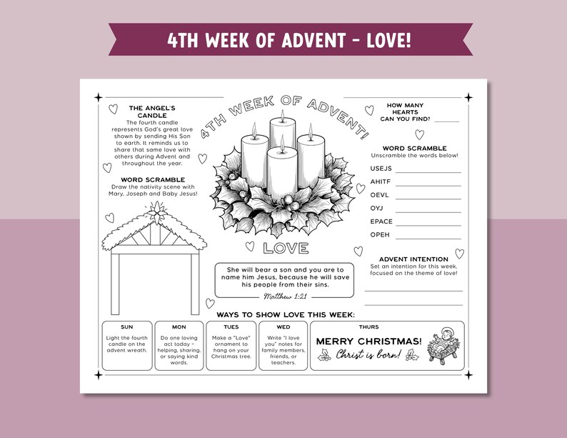 Advent Coloring Page Placemat Activity for Kids Christian Christmas ...