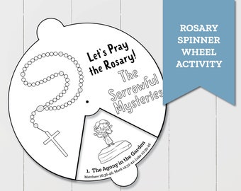 Learning the Rosary Printable featuring the Sorrowful Mysteries in a Spinner Wheel, Perfect Sunday School Activity, Christian Coloring Page