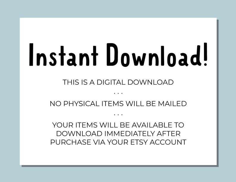 Op de afbeelding: Tekst op een witte achtergrond die "Direct downloaden!"  Dit is een digitale download. Er worden geen fysieke artikelen verzonden. Uw artikelen zijn direct na aankoop via uw Etsy-account beschikbaar om te downloaden.