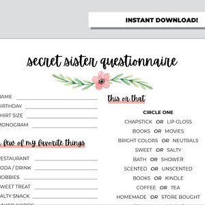 Secret Sister Questionnaire, Gift Exchange Survey and Favorite Things ...