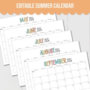 EDITABLE Summer 2026 Calendar Set including May, June, July, August, September calendars to plan all your summer activities
