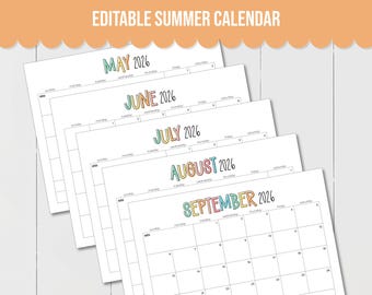 EDITABLE Summer 2026 Calendar Set including May, June, July, August, September calendars to plan all your summer activities