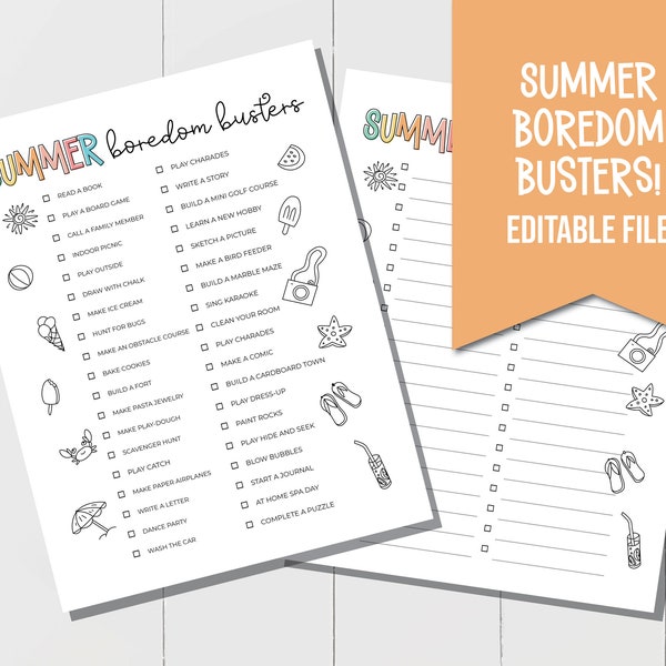 EDITABLE Summer Boredom Busters for Kids, I'm Bored Checklist Printable, At Home Summer Ideas