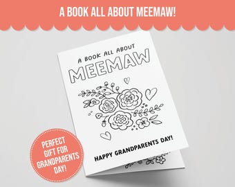 May include: A white book with the text "A BOOK ALL ABOUT MEEMAW" and floral illustrations. The book also has the text "HAPPY GRANDPARENTS DAY!" and a circular sticker that says "PERFECT GIFT FOR GRANDPARENTS DAY!"