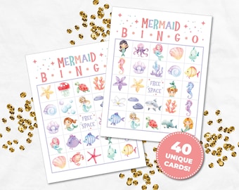 Mermaid Bingo Cards for Under the Sea Party, Printable Mermaid Games for Girls Birthday Party, Mermaid Activities for Kids