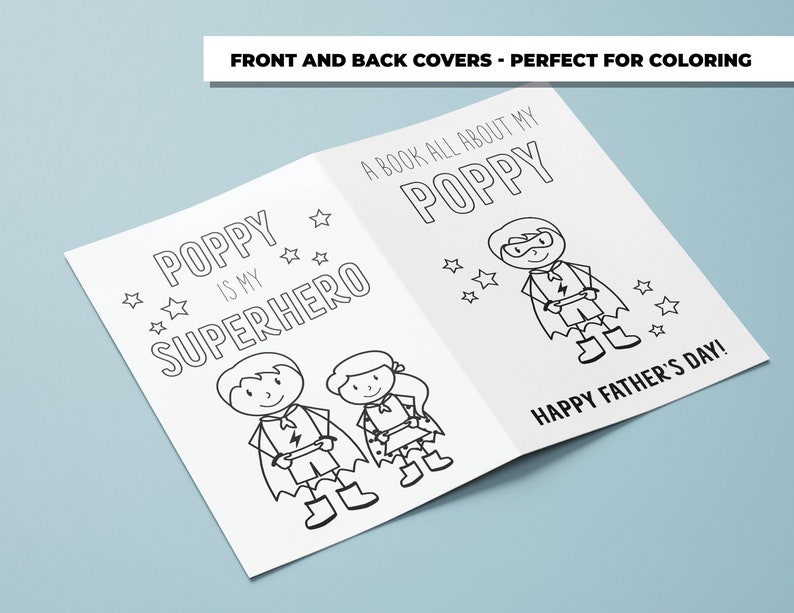 Op de afbeelding: Zwart-witte kleurboekomslag met een superhelden-vader en kind. De voorkant van de omslag luidt "Poppy is my Superhero" en de achterkant van de omslag luidt "A book all about my Poppy. Happy Father's Day!"