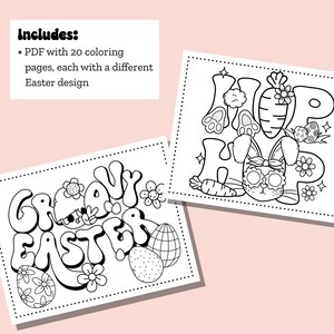 Peut inclure: Deux pages &agrave; colorier en noir et blanc repr&eacute;sentant des illustrations sur le th&egrave;me de P&acirc;ques. La premi&egrave;re page dit "Groovy Easter" dans une police r&eacute;tro avec un lapin et des &oelig;ufs. La deuxi&egrave;me page dit "Hop Hop" avec un lapin portant des lunettes de soleil et des carottes.