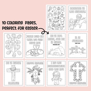 May include: Ten black and white coloring pages with Easter themes. The pages feature images of Easter eggs, crosses, a birdhouse, a tomb, and Jesus. The pages include text such as "He is Risen!" and "Hosanna in the Highest!"