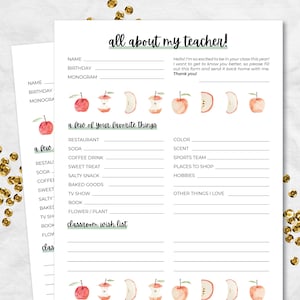 All About the Teacher Printable with Classroom Wishlist, Teacher Questionnaire, Questions for Teachers, Teacher Favorite Things Survey