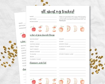 All About the Teacher Printable with Classroom Wishlist, Teacher Questionnaire, Questions for Teachers, Teacher Favorite Things Survey