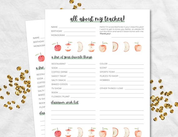 All About the Teacher Printable with Classroom Wishlist, Teacher Questionnaire, Questions for Teachers, Teacher Favorite Things Survey