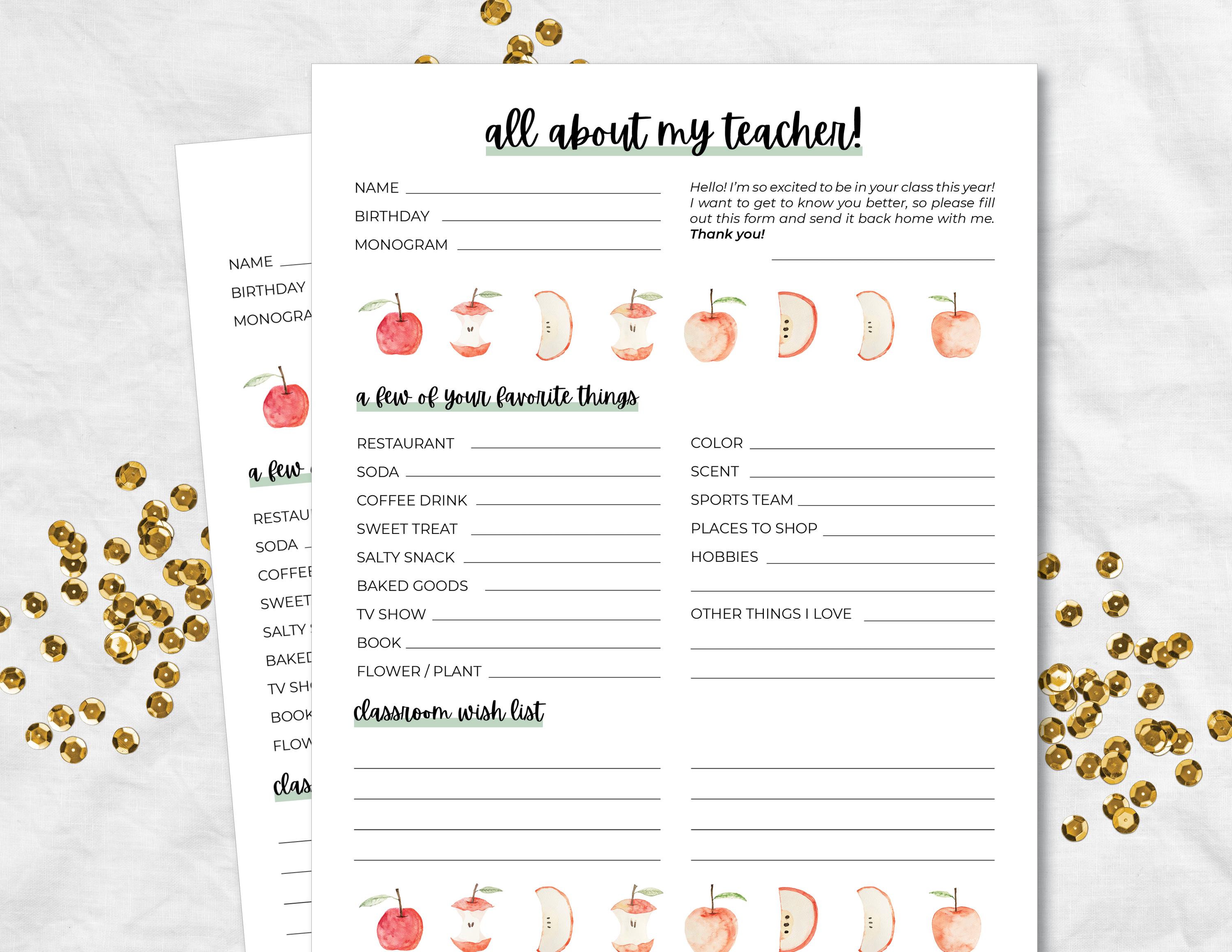 All About the Teacher Printable With Classroom Wishlist, Teacher ...