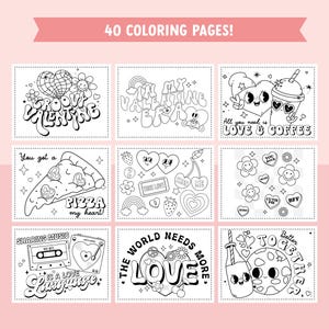 Retro Valentine Coloring Pages for Kids - 40 Groovy and Festive Coloring Sheet Bundle for Valentines Day Coloring Fun image 4