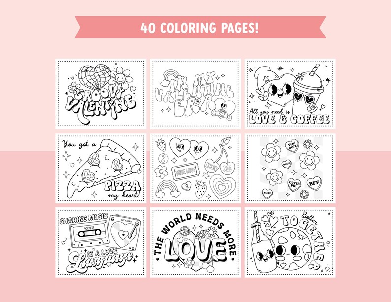 Retro Valentine Coloring Pages for Kids - 40 Groovy and Festive Coloring Sheet Bundle for Valentines Day Coloring Fun image 4