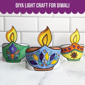 Puede incluir: Tres manualidades de luz diya de papel para Diwali. Los diyas están decorados con patrones y diseños coloridos. Los diyas están sobre una superficie blanca.