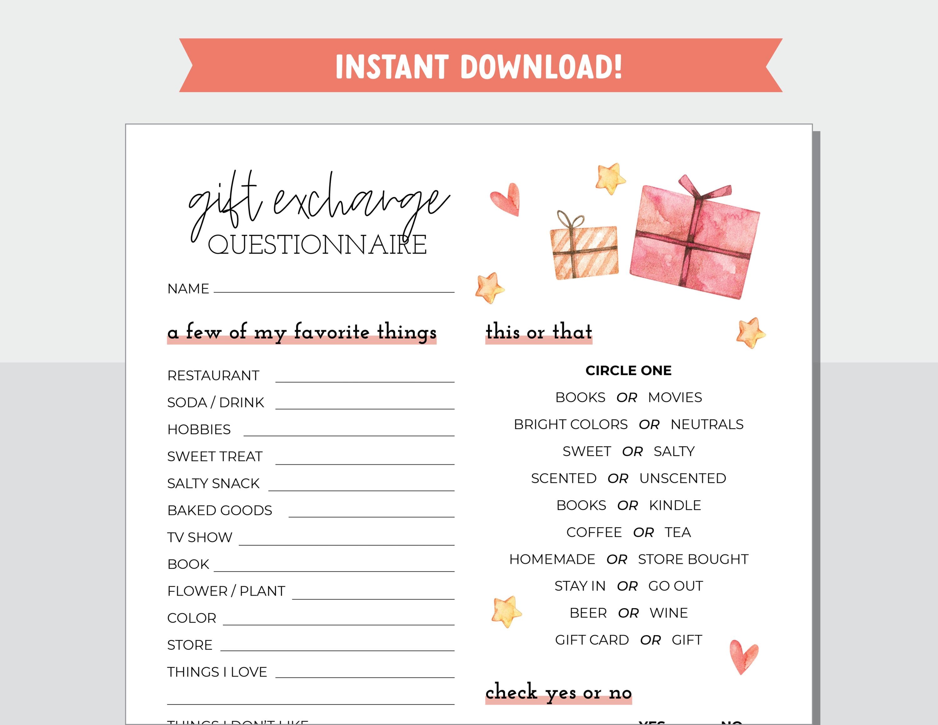 Gift Exchange Questionnaire, Gift Exchange Survey and Favorite Things ...