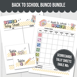 Pacote para impressão de Bunco de volta às aulas com cartões de pontuação, cartões de contagem e cartões de mesa, Bunco para sala de aula, ideias para Bunco de agosto