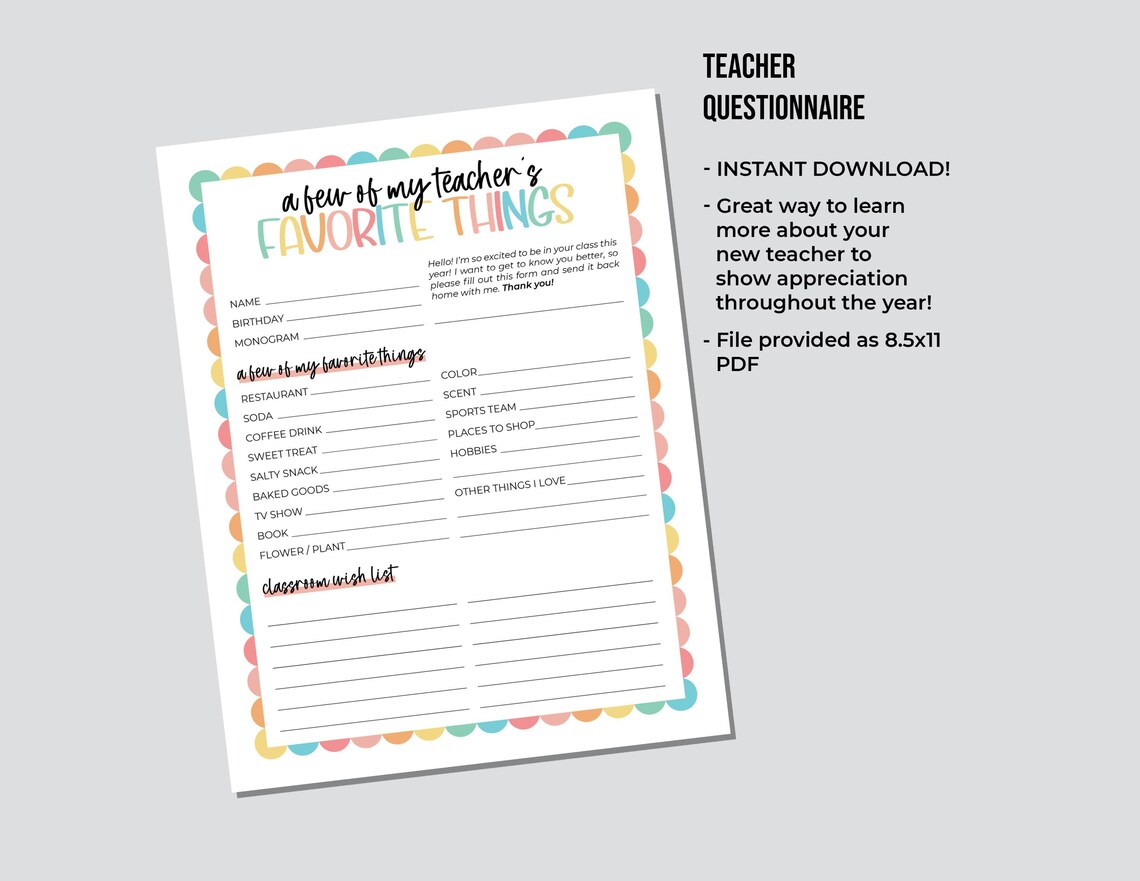 All About the Teacher Printable With Classroom Wishlist, Teacher ...