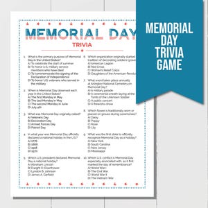 Memorial Day Trivia Game, Patriotic Memorial Day Office Game, Printable Memorial Day Party Game for Patriotic Party, Memorial Day Classroom