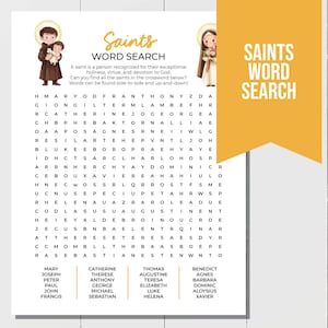 Saints Word Search, Religious Word Search, Christian Printable Games, Sunday School Activity, Bible Group Game, Confirmation Activity